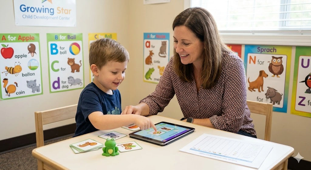 Speech therapist working with child at Growing Stars Aliganj Lucknow